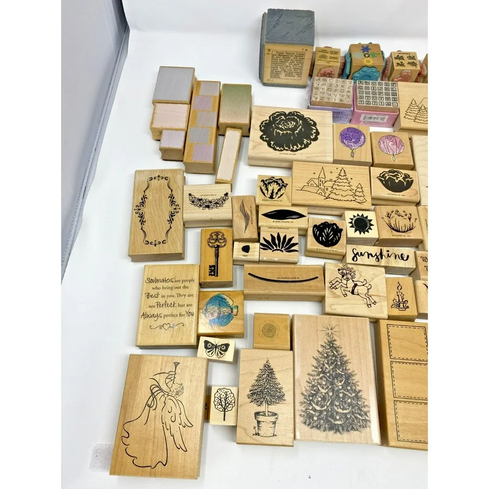 Stampin Up & Unbranded Wood Rubber Stamp Lot Christmas Beach Floral Fonts 60+pc